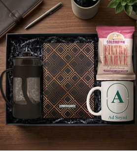Kişiye Özel Gold Defter & Baskılı Kupa & French Press & Filtre Kahve Hediye Seti