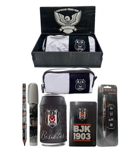 Beşiktaş Orjinal Lisanslı Siyah Kutu Kalemtraş Ahşap Kutulu 6'lı Kırtasiye Seti (Siyah - Beyaz)