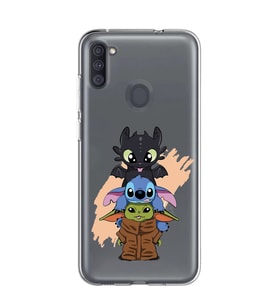 Samsung Galaxy M21 Uyumlu Sevimli Baby Yoda ve Stitch Desenli Şeffaf Telefon Kılıfı