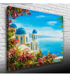 Çiçekli Terasta Mikanos ve Deniz Manzarası Yağlıboya Kanvas Tablo 50 x 70