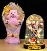 Kişiye Özel İsimli 3 Fotoğraflı Led Işıklı Fanus ve Pembe Peluş Ayıcık Buketi (Model 10)