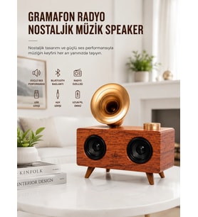 Bluetooth Nostalji Speaker Radyo Gramofon Ahşap Renk Vintage Yeni Nesil