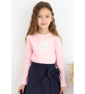Breeze Kız Çocuk Uzun Kollu Tişört Vintage Dantel Fiyonk Aplikeli 5-10 Yaş, Pembe