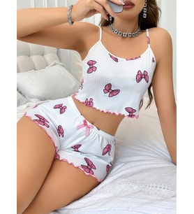 Arias Closet Pamuklu Beyaz Üstüne Pembe Kurdela Desenli Fitilli Askılı Şortlu Pijama Takımı