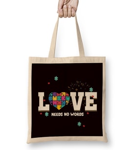 Love Needs No Words Heart Autism Awareness Puzzle Ribbon Bez Çanta Uzun Saplı