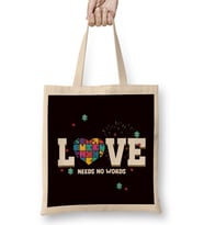 Love Needs No Words Heart Autism Awareness Puzzle Ribbon Bez Çanta Uzun Saplı