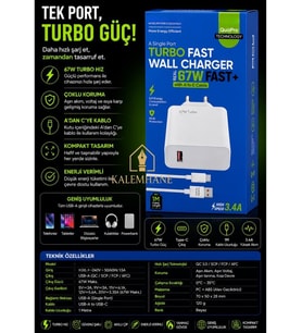 Kalemhane 67W Turbo Hızlı Şarj Başlığı Çıkış Typ-c - Usb Giriş ve Kablo 3.4A 1m