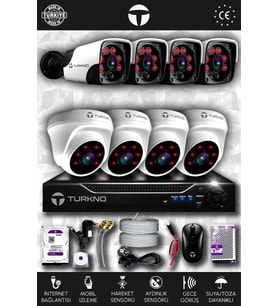 TURKNO 8 Kameralı Pania 4 İç Kamera Set 250 GB HDD Full HD Gece Görüşlü Güvenlik Kamerası Sistemi