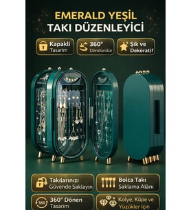 Yeşil Oval Dönen Aynalı Kapaklı Takı Düzenleyici Organizer