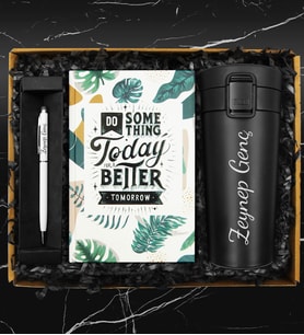 Kişiye Özel 400 ML Çelik Termos & Tasarım Defter & Touch Pen Kalem Hediye Seti
