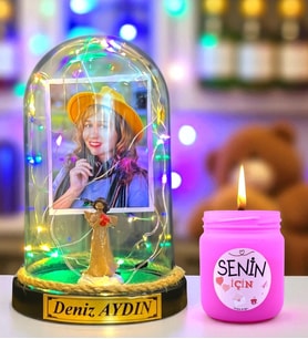 Size Özel Renkli Led Işıklı Fanus ve Kokulu Mum Hediye Seti (Model 5)
