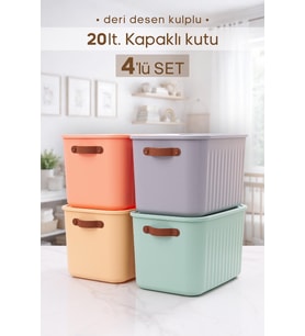 4 Adet Kulplu Karışık Renk Dolap Düzenleyici 20 Lt Kapaklı Saklama Kutusu Sepet Oyuncak Kutusu Organizer