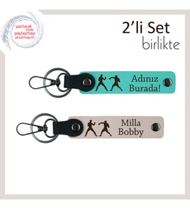 Boks Eldivenli, Kişisel Yazılı Anahtarlık Seti, Güç ve Disiplinin Simgesi, Turkuaz-Pudra