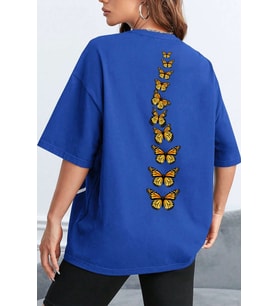 Unisex Sırt Kral Kelebek Baskılı T-shirt (Mavi)
