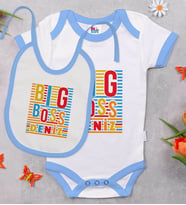BK Kids Kişiye Özel Big Boss Tasarımlı Mavi Bebek Body Zıbın ve Mama Önlüğü Hediye Seti