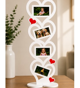 4'lü Kalp Fotoğraf Çerçevesi – 6 mm MDF – Masaüstü Dekor 15x50 cm