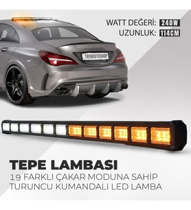 Cama Çakar Beyaz Turuncu Led Flaş Çakmaklık Girişli 114 CM 19 Mod Araç İçi Ön Arka Panel Araç Dışı Tepe Izgara Acil İkaz Sinyal Uyarı Yönlendirme Spot DRL Gece Gündüz Çalışan Lamba