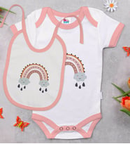 BK Kids Boho Tasarımlı Pembe Bebek Body Zıbın ve Mama Önlüğü Hediye Seti-1