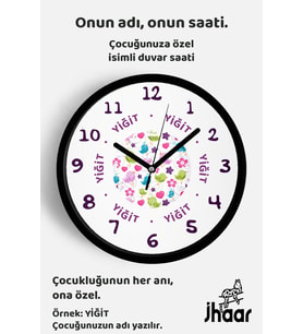 İsme Özel Renkli Kuş Desenli Çocuk Odası Duvar Saati Orta Boy 30 cm Siyah Camlı Sessiz
