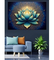 Geometrik Mavi Lotus Çiçeği Sanatı Dekoratif Kanvas - Mdf Ahşap Tablo