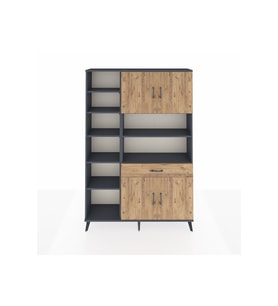Arges Dolap 10 Raflı Tek Çekmeceli 4 Kapaklı 132x30x195 Antrasit-Çam/Çam