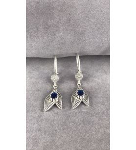 Telkari Parmak İzi Safir Taşlı Yaprak Gümüş Kadın Küpe