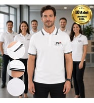 Logonuza Özel 10 Adet Beyaz Çizgili Premium Polo Yaka Tişört
