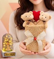 Kalpli Premium 2'li Kahve Peluş Ayıcık Buketi (Kişiye Özel Işıklı Melekli Fanus Hediyeli) (Model 2)