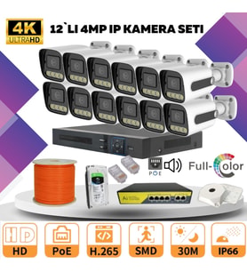 12'li Güvenlik IP Kamera Seti - 4MP Dış Mekan Kamera, 3.6mm Lens, H.265, PoE, Warm Led Gece Görüşlü (Beyaz)