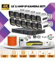 12'li Güvenlik IP Kamera Seti - 4MP Dış Mekan Kamera, 3.6mm Lens, H.265, PoE, Warm Led Gece Görüşlü (Beyaz)