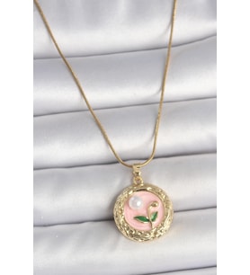 316L Çelik Gold Renk Zincir Pembe Çiçek İşlemeli inci Detay Portre Model Kadın - HEP-6184-951