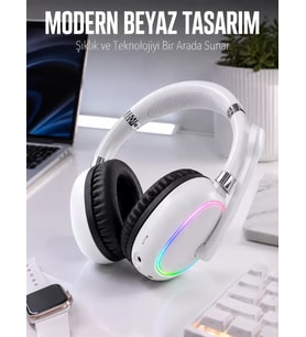 Kablosuz Bluetooth Mikrofonlu Beyaz Kulaklık RGB Işıklı