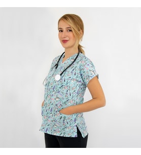 Unisex Mavi Güzellik Desenli Esnek  Likralı  Estetisyen ScRubs TekÜst Forma (Karışık)