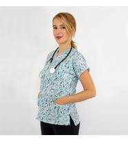 Unisex Mavi Güzellik Desenli Esnek  Likralı  Estetisyen ScRubs TekÜst Forma (Karışık)