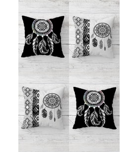 Dream Catcher Düş Kapanı Desenli Gizli Fermuarlı Kırlent Kılıfı Koltuk Yastık Kılıfı Takım(4adet) (Siyah-Gri)