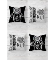 Dream Catcher Düş Kapanı Desenli Gizli Fermuarlı Kırlent Kılıfı Koltuk Yastık Kılıfı Takım(4adet) (Siyah-Gri)
