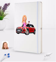 BK Gift Kişiye Özel Plakalı Kadın Mini Cooper Karikatürlü Beyaz Termo Deri Defter 16x24cm Model 1