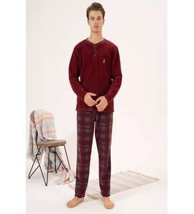 Estiva Düz Renk Uzun Kol Polar Erkek Pijama Takım (Bordo)