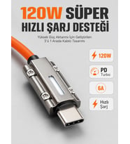 LED Göstergeli 120W PD Turbo Destekli Premium 3'ü 1 Arada Şarj Kablosu