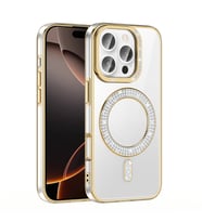 iPhone 16 Pro Kılıf Pırlanta Taş Tasarımlı M-safe Şarj Özellikli Karetta Silikon Kapak (Gold)