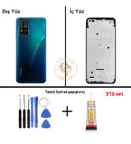 Infinix Note 8 Mavi Uyumlu Lensli Orta Kasa + Yapıştırıcı ve Vida Seti Full Kasa Kapak Gövde Housing