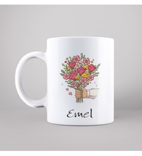 Bi Buket Çiçek Tasarımlı Kupa Kişiye Özel