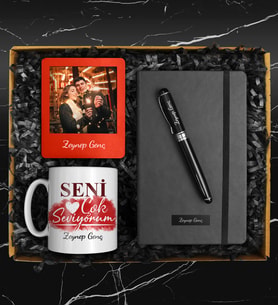 Sevgililer Gününe Özel Tasarım Kupa & Defter & Roller Kalem & Kişiye Özel Fotoğraf Çerçevesi Hediye Seti