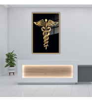Metal Çerçeveli Cam Poliklinik Tablosu Asklepios'un Asası Tıp Simgesi (Gold)