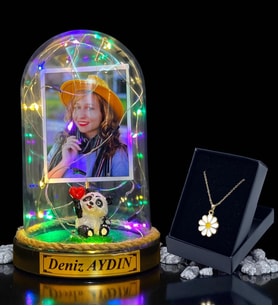 Sizlere Özel Renkli Led Işıklı Fanus ve Tasarım Kolye Hediye Seti (Model 8)