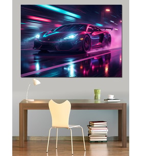 Gece Yarısı Neon Spor Araba Dekoratif Kanvas - Mdf Ahşap Tablo