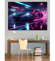 Gece Yarısı Neon Spor Araba Dekoratif Kanvas - Mdf Ahşap Tablo
