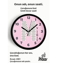 İsme Özel M Harfli Pembe Çocuk Odası Duvar Saati Orta Boy 30 cm Siyah Camlı Sessiz