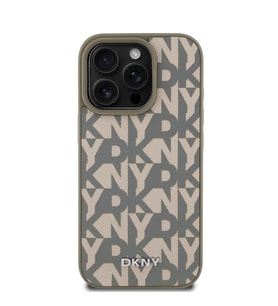 Apple iPhone 16 Pro Uyumlu Kılıf DKNY Orjinal Lisanslı M-safe Şarj Özellikli 3D Yazılı Grid Pattern Kapak (Kahverengi)