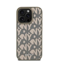 Apple iPhone 16 Pro Uyumlu Kılıf DKNY Orjinal Lisanslı M-safe Şarj Özellikli 3D Yazılı Grid Pattern Kapak (Kahverengi)